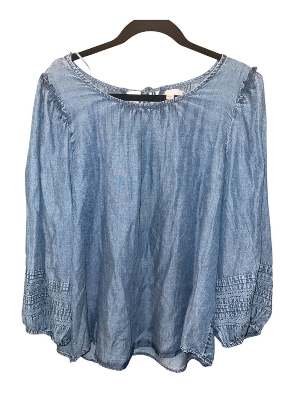 LC Lauren Conrad Plus Size 2X/XXL Blue Chambray Lace Sleeve Peasant Blouse